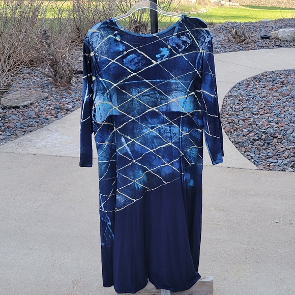 Raffi Navy Multi color screen print quarter sleeve Rayon Dress XL - Picture 5 of 8